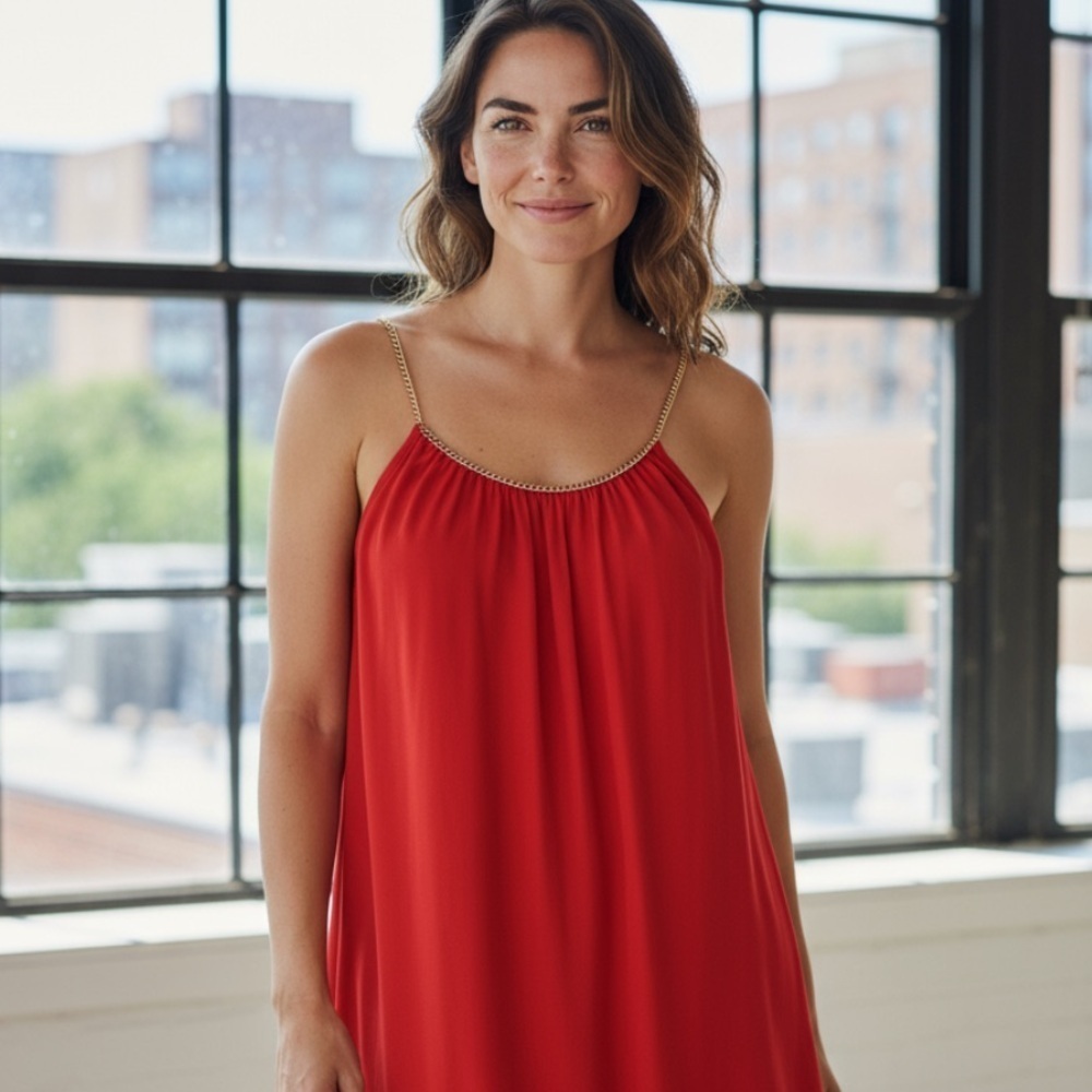 Analogy red gold braided strap high low dress m